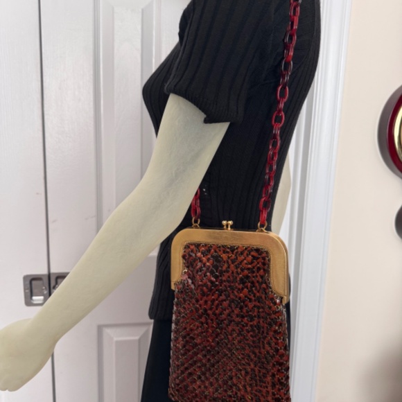 Vtg MCM  Whiting & Davis Tortoise Enamel Mesh Gold Framed Purse Bag Lucid Chain - Picture 12 of 15